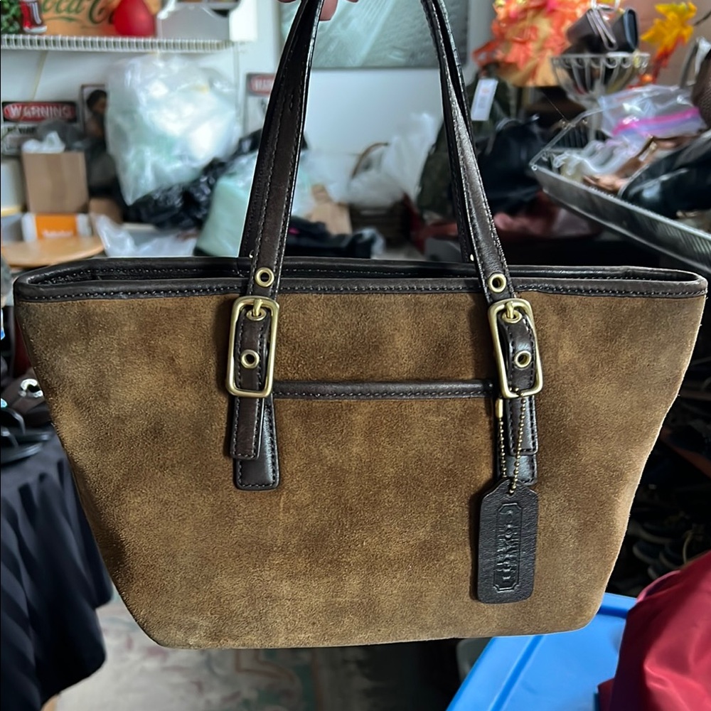 Coach Brown Suede Tote Bag with Dark Brown Leather Trim
